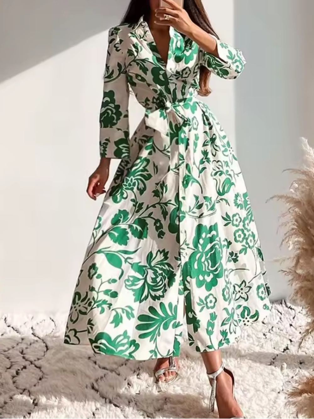 Green floral print midi button up dress with belt 3/4 sleeve